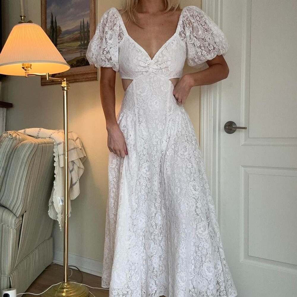 Abercrombie & Fitch White Lace Puff Sleeve Cutout Maxi Dress